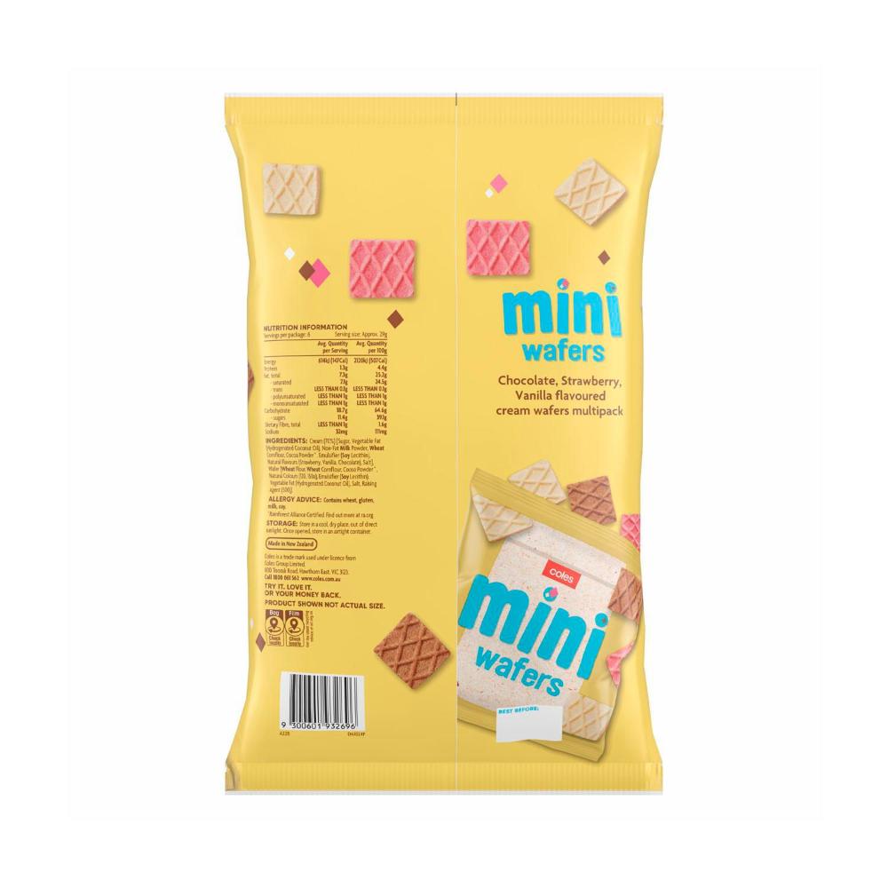 Coles Mini Cream Wafers Multipack – Chocolate, Strawberry & Vanilla | 175g