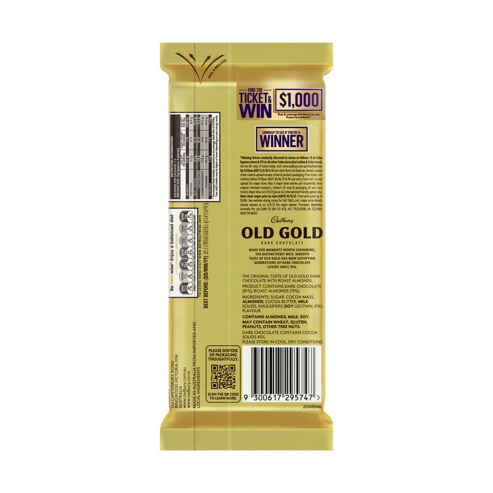 Cadbury Old Gold Roast Almond Dark Chocolate Block | 180g