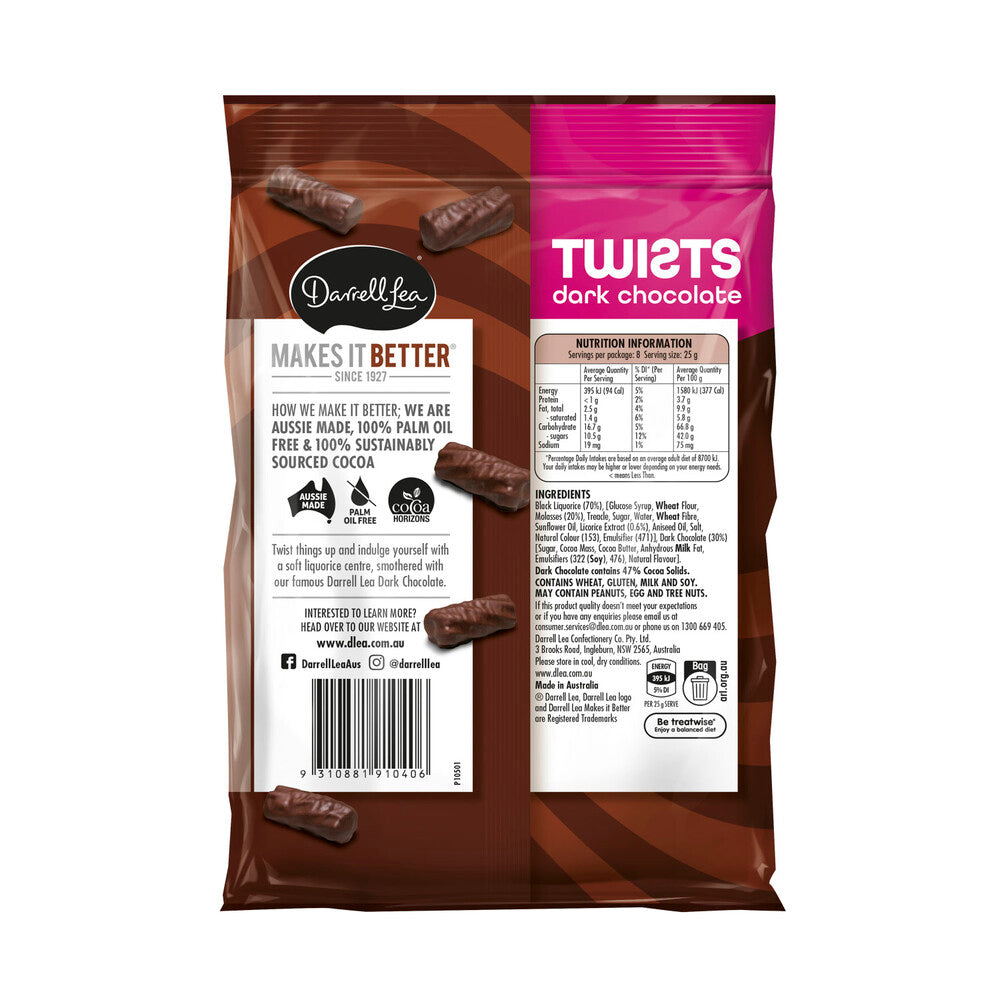 Darrell Lea Twists Dark Chocolate Liquorice (Licorice) | 200g