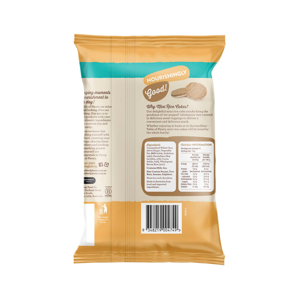 Table of Plenty Mini Rice Cakes with Caramel White Choc – 6 Snack Packs | 84g