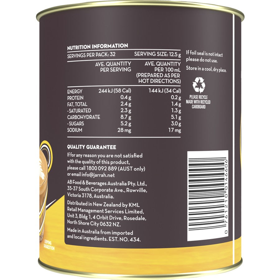 Nutritional info on the back of instant coffee tin.