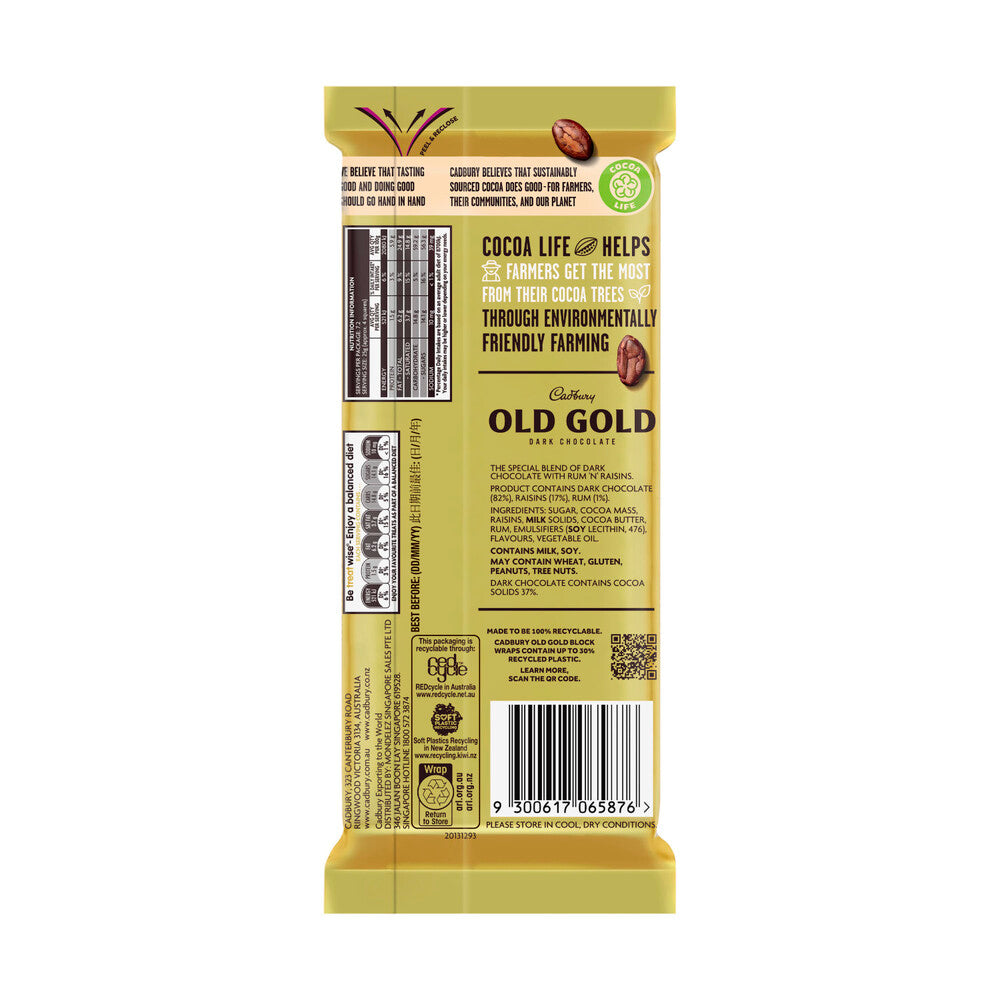 Cadbury Old Gold Old Jamaica Rum and Raisin Dark Chocolate Block | 180g