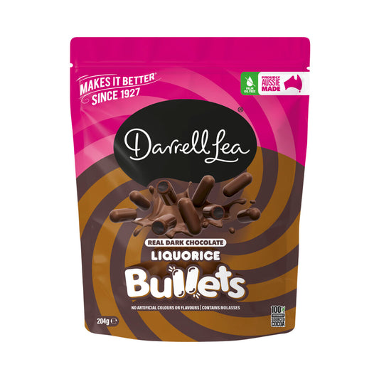 Darrell Lea Dark Chocolate Liquorice Bullets – Choc Covered Licorice (204g)