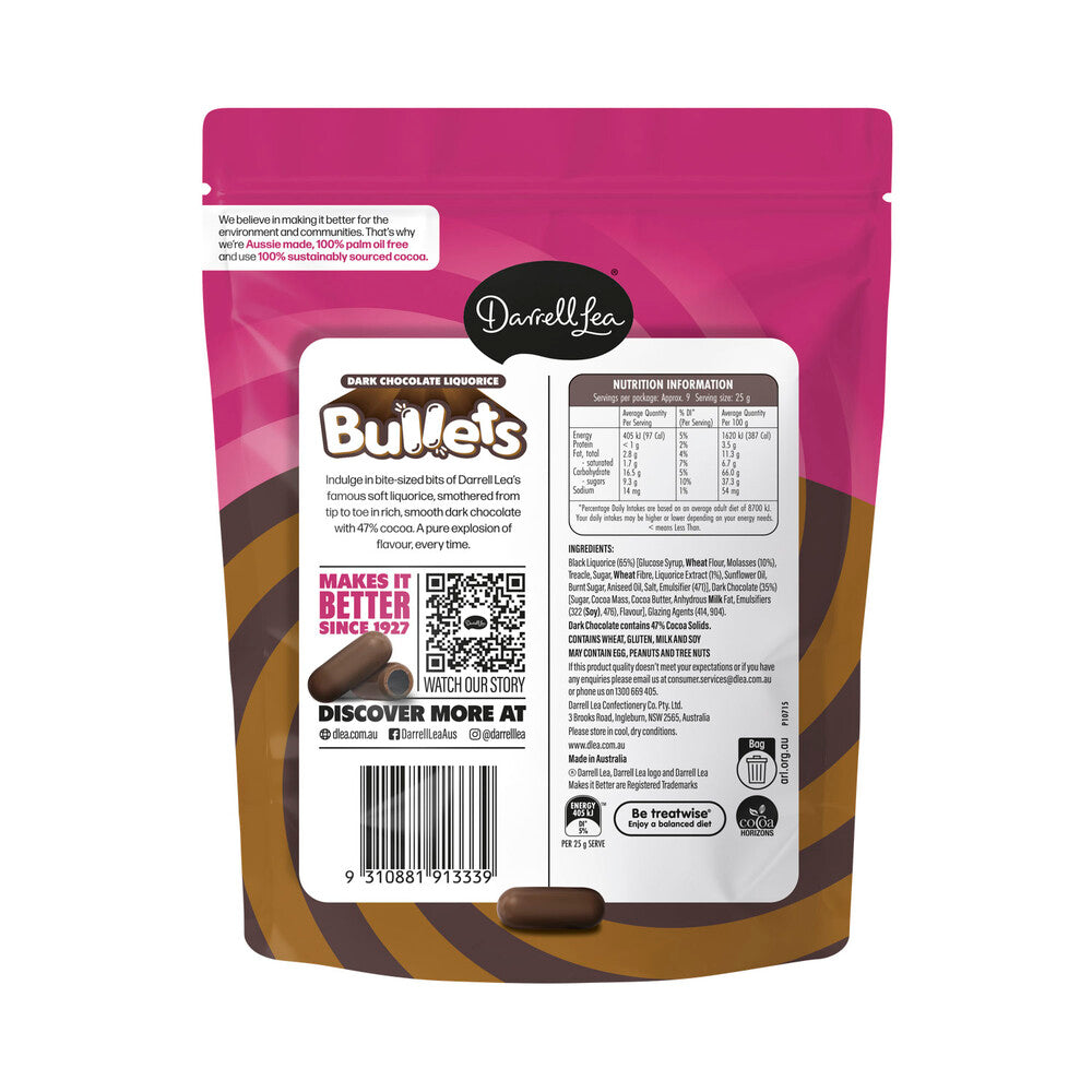 Darrell Lea Dark Chocolate Liquorice Bullets – Choc Covered Licorice (204g)