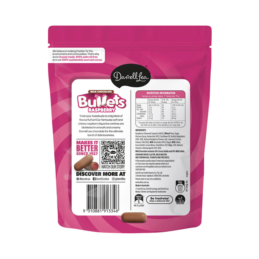 Darrell Lea Milk Chocolate Raspberry Bullets – 204g