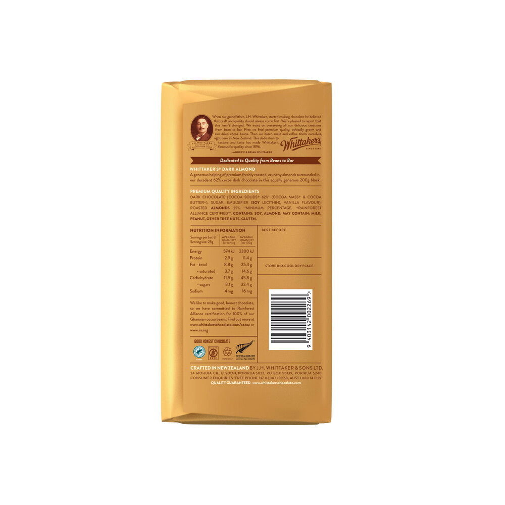 Whittaker's Dark Almond 62% Dark Chocolate Block | 200g