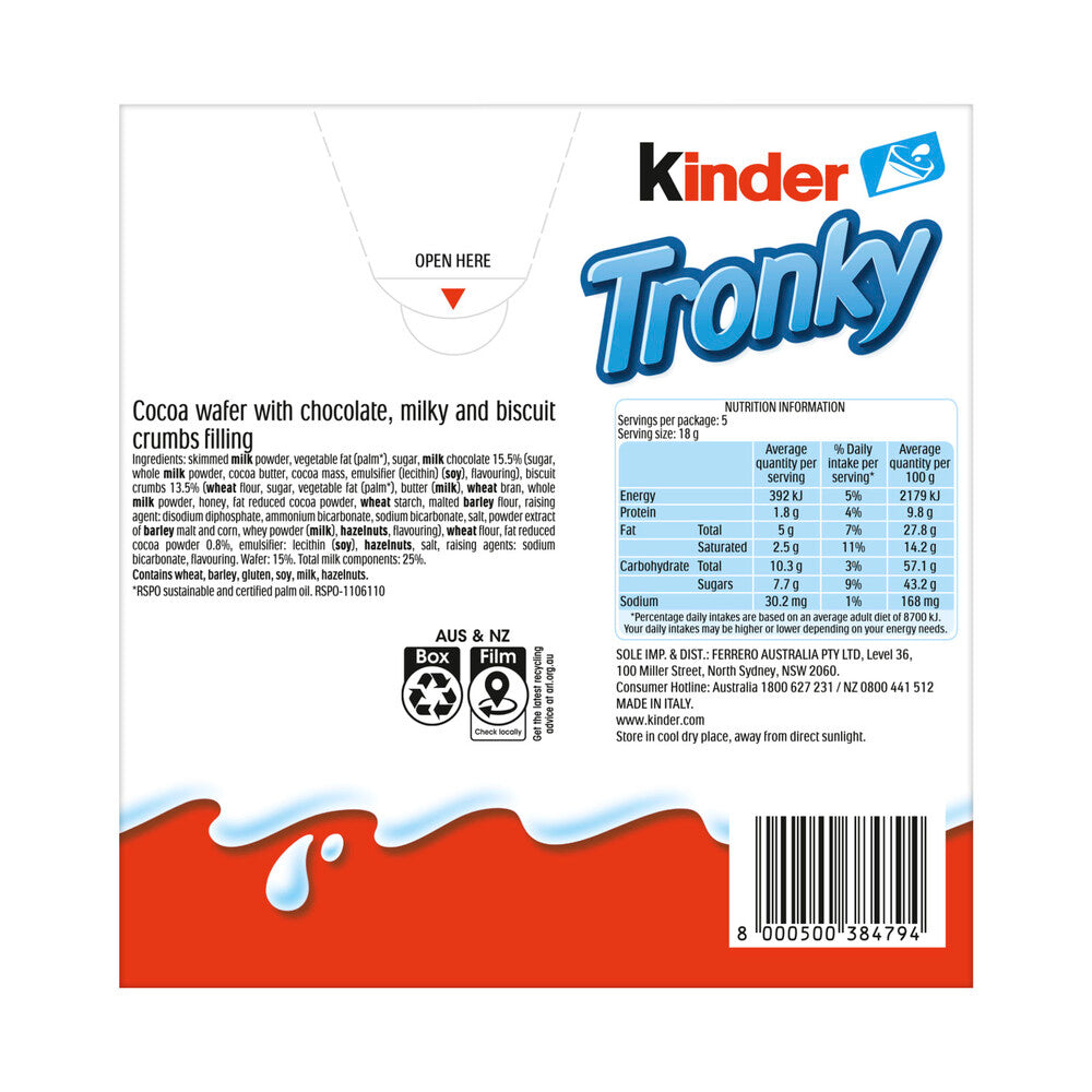 Kinder Tronky Biscuit Bars with Chocolate & Milky Filling – 5 Pack | 90g