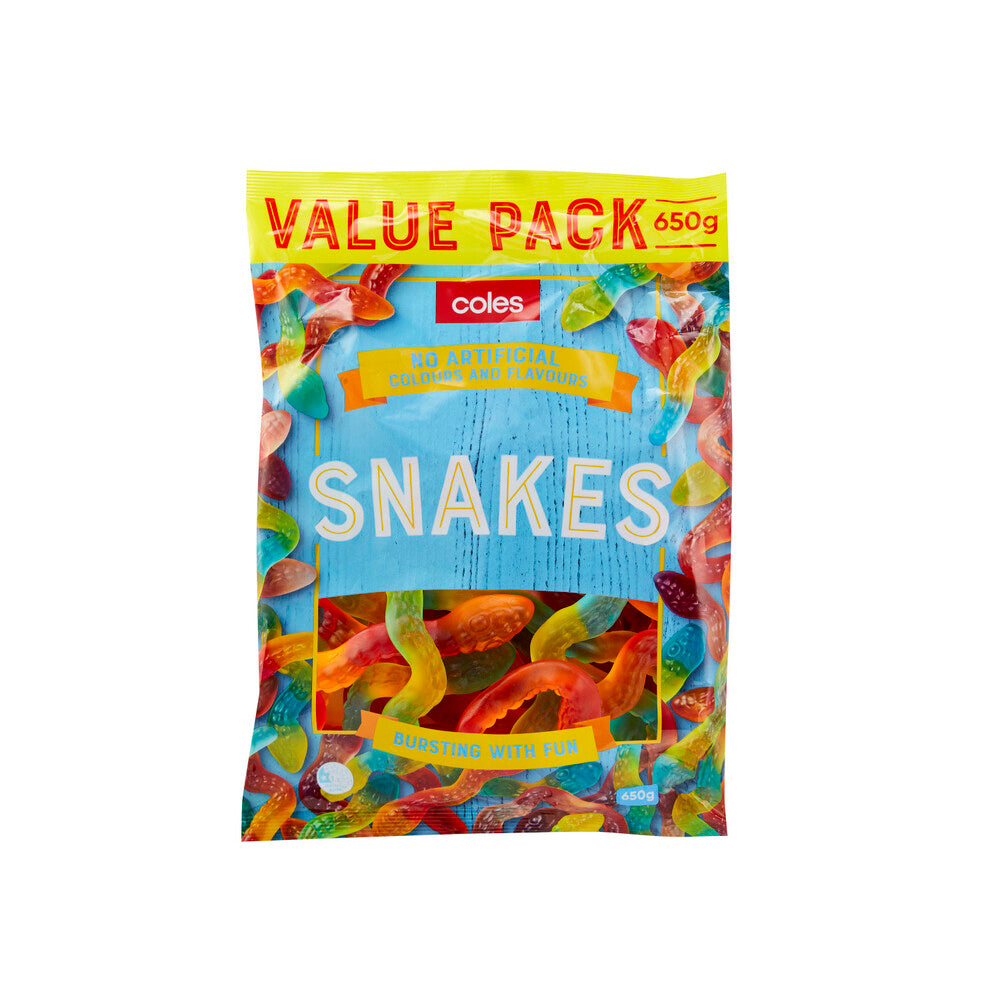 Coles Snakes Value Pack | Colorful Chewy Gummies (650g)