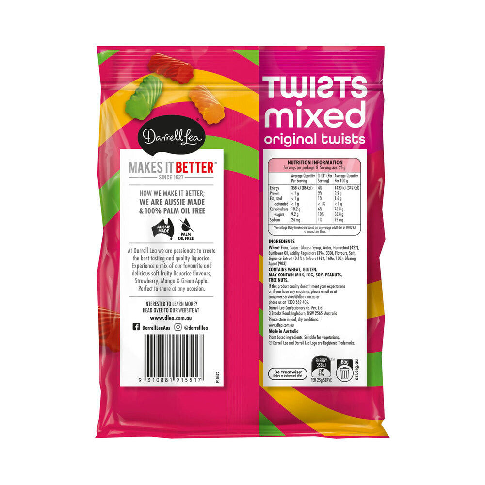Darrell Lea Twists Mixed Fruit – Soft Fruity Licorice Candy | 200g