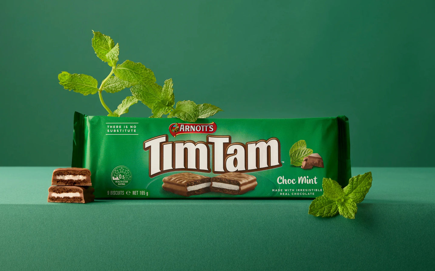 Arnott's Choc Mint Tim Tams combine real milk chocolate with a creamy mint filling.