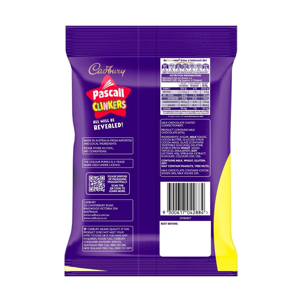 Back side of Clinkers packaging, showing ingredients and nutritional information.