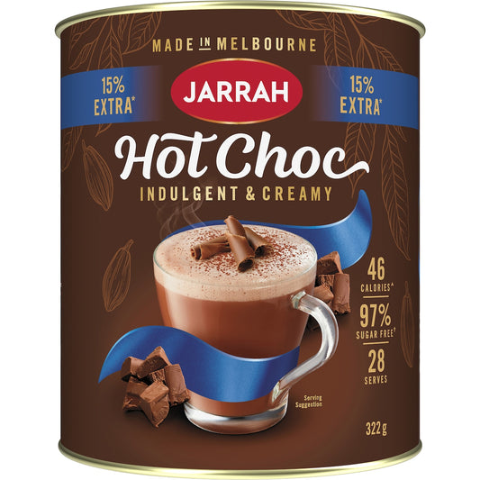 A tin of Jarrah Hot Choc in 322g size.