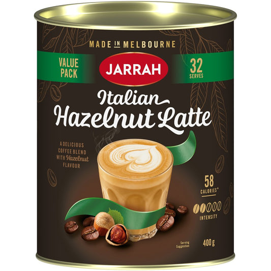 400g tin of Jarrah Italian Hazelnut Latte coffee blend.