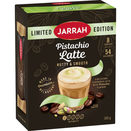 Jarrah Pistachio Latte Coffee in a box of 8 sachets.