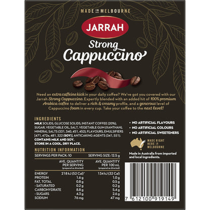 A box of Jarrah Strong Cappuccino coffee with nutritional information.