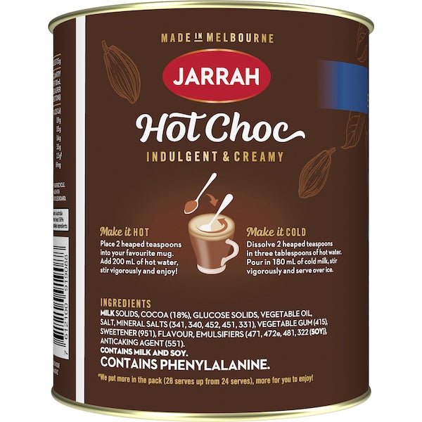 Jarrah hot chocolate, with instructions for hot and cold preparation.