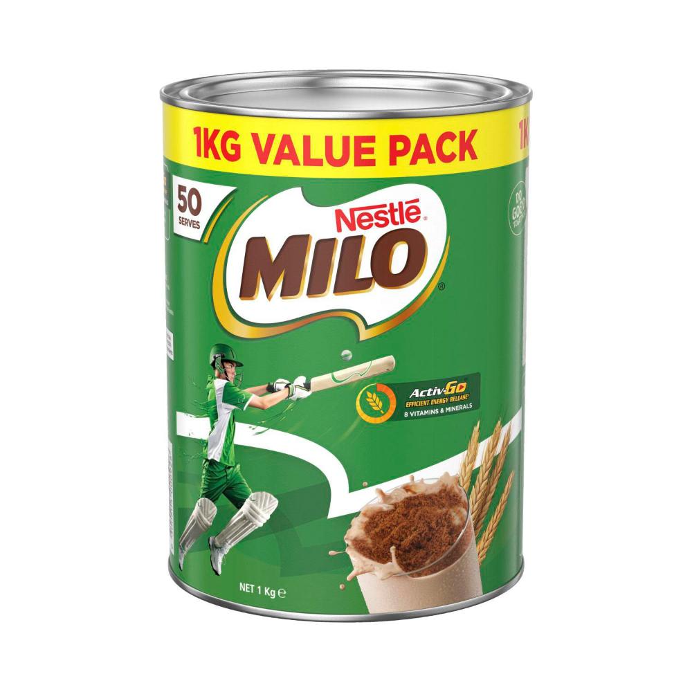 Milo 1kg tin, containing 50 serves of chocolate malt powder.