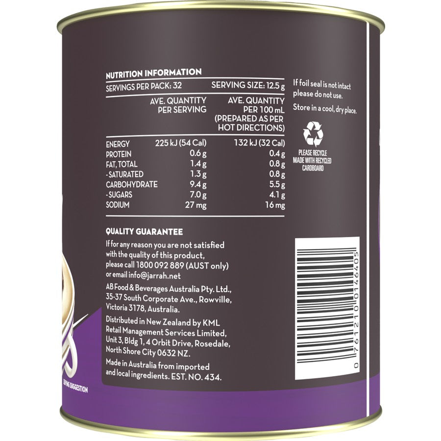 Coffee tin nutritional panel with calories and other nutrients displayed.