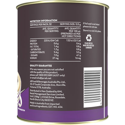 Coffee tin nutritional panel with calories and other nutrients displayed.