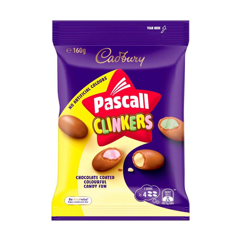 A bag of colorful Pascall Clinkers chocolates with crunchy candy centers.