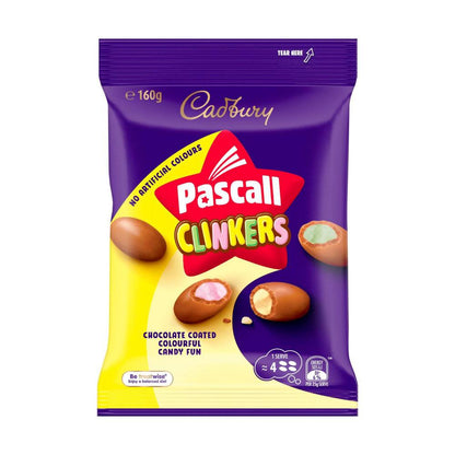 A bag of colorful Pascall Clinkers chocolates with crunchy candy centers.