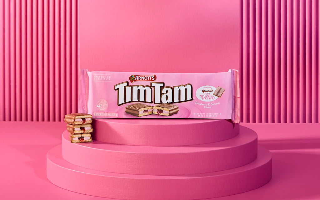 Raspberry and coconut Tim Tams; a new flavor by Arnott's.