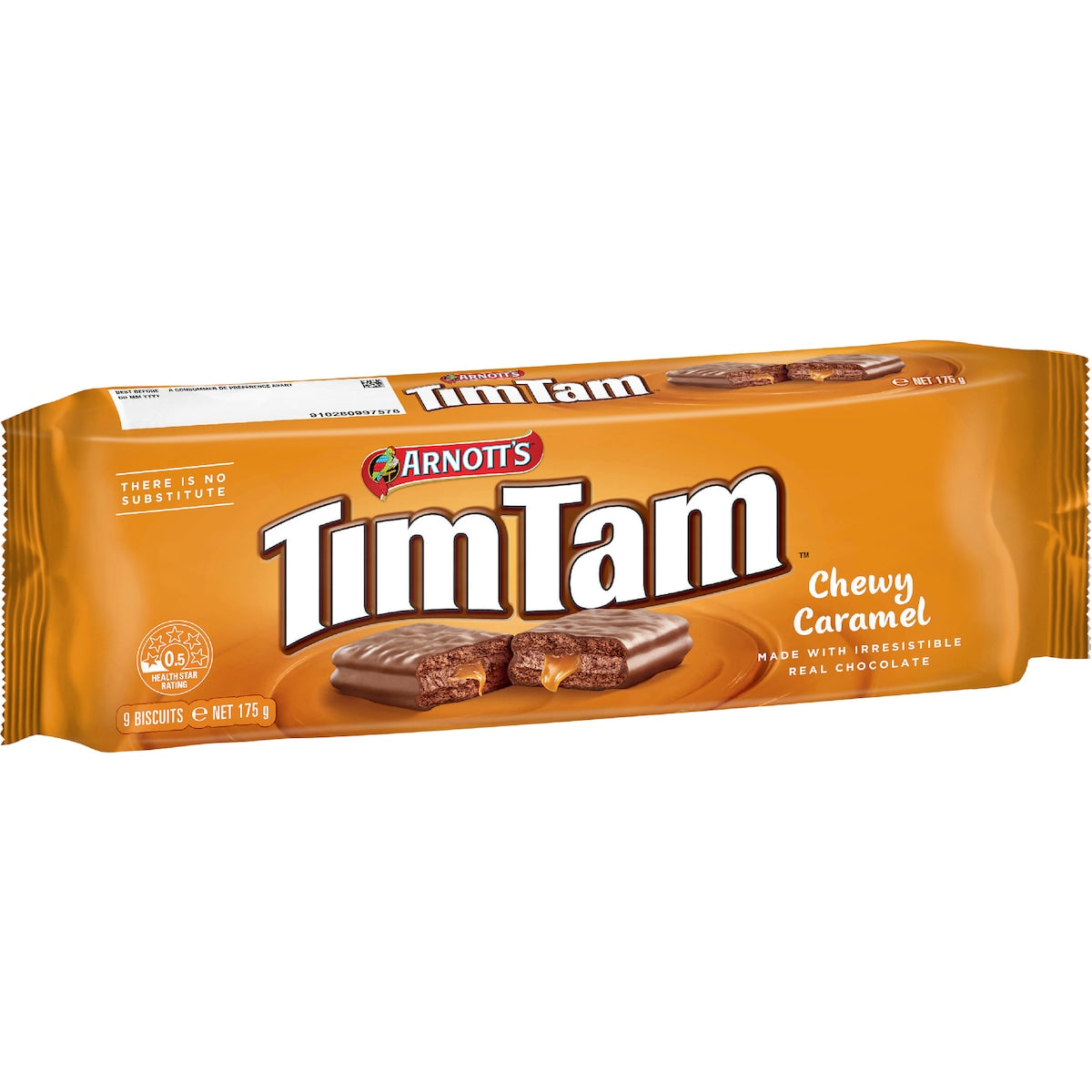 Tim Tam Chewy Caramel, with real chocolate and a caramel center.