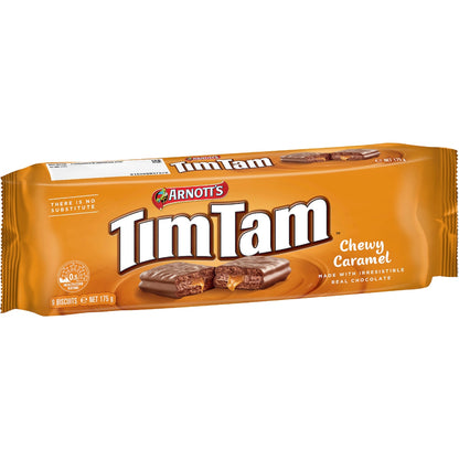 Tim Tam Chewy Caramel, with real chocolate and a caramel center.