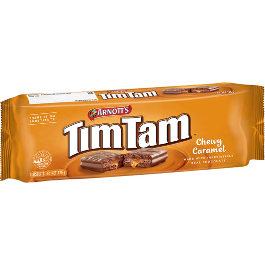 Tim Tam Chewy Caramel, with real chocolate and a caramel center.