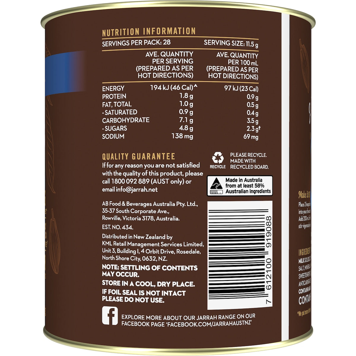 Back of tin showing nutritional panel.