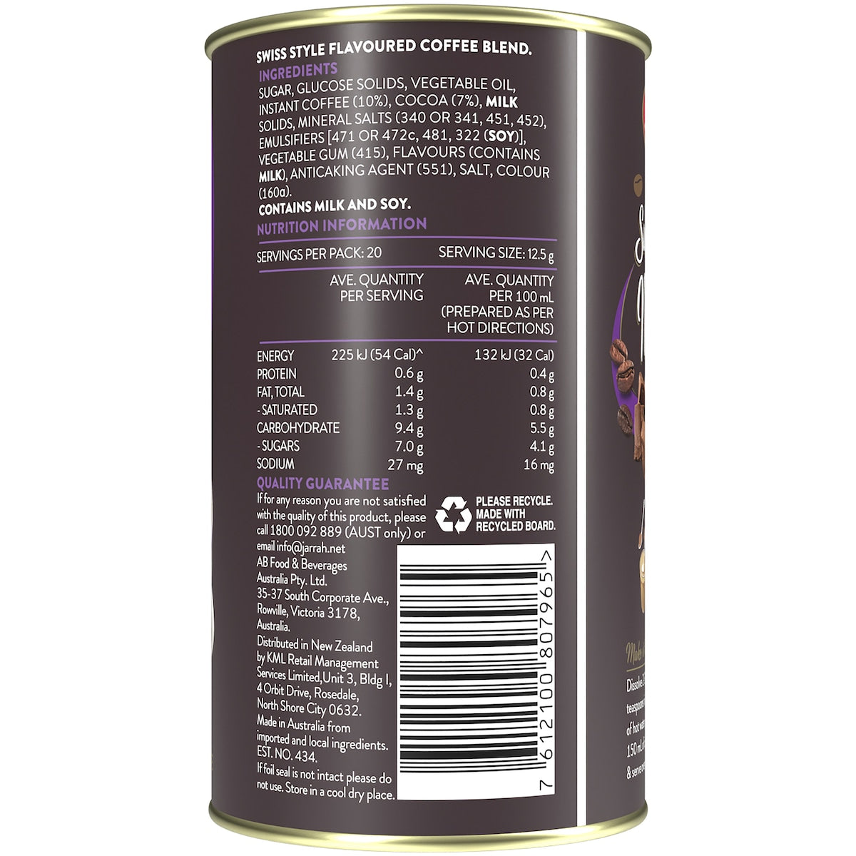Nutrition panel on back of mocha coffee tin.