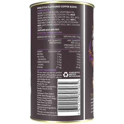 Nutrition panel on back of mocha coffee tin.