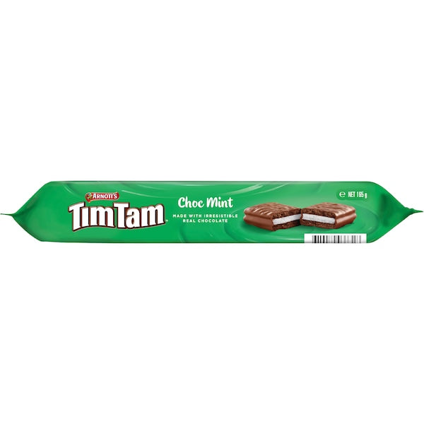 Tim Tam packet side view, made with irrestistable real chocolate.